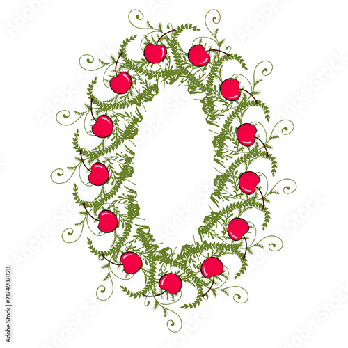 botanical foliage frame with decorative vines, leaves and cherry on white background