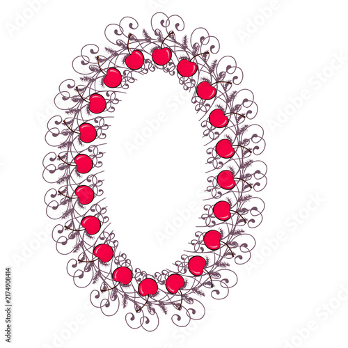 botanical foliage frame with decorative vines, leaves and cherry on white background