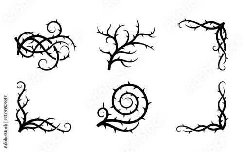 A collection of black thorny vine silhouettes isolated on a white background perfect for creating spooky halloween decorations and dark gothic style graphic design projects