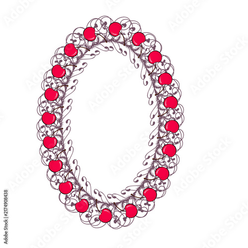 botanical foliage frame with decorative vines, leaves and cherry on white background