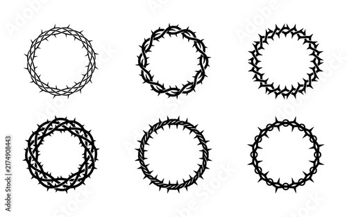 A collection of six black oval frames made from sharp thorny vines perfect for gothic halloween designs or dark religious symbols and tattoo art projects