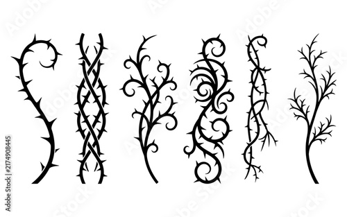 Cuadro en lienzo A collection of black thorny vine silhouettes isolated on a white background per