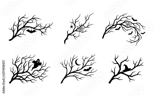 A collection of black silhouette halloween tree branches featuring spooky bats spider webs ghosts a crescent moon and a witch hat for seasonal graphic design