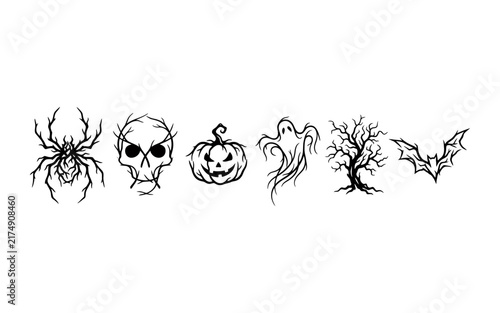 A collection of black silhouette icons featuring a spider skull pumpkin ghost tree and bat perfect for creative designs during the spooky halloween holiday season