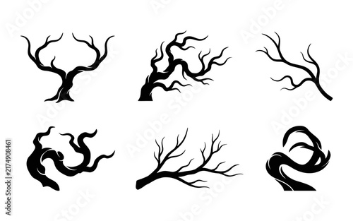 A collection of six black silhouette spooky bare tree designs perfect for creating a creepy and atmospheric halloween themed graphic project or seasonal holiday illustration