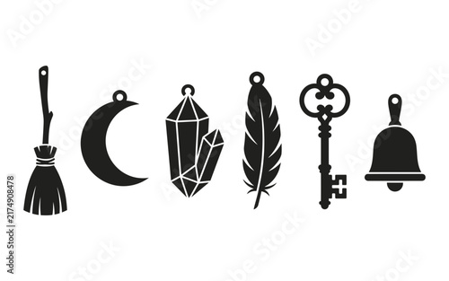 A collection of mystical black silhouettes including a broom moon crystal feather key and bell perfect for your creative halloween themed graphic design project needs
