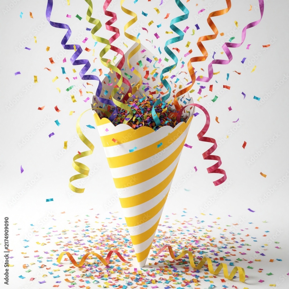 Naklejka premium Yellow striped paper cone explodes with colorful confetti and streamers. Festive ribbons swirl and flutter, creating a cheerful celebration atmosphere. Party supplies scatter on white background.