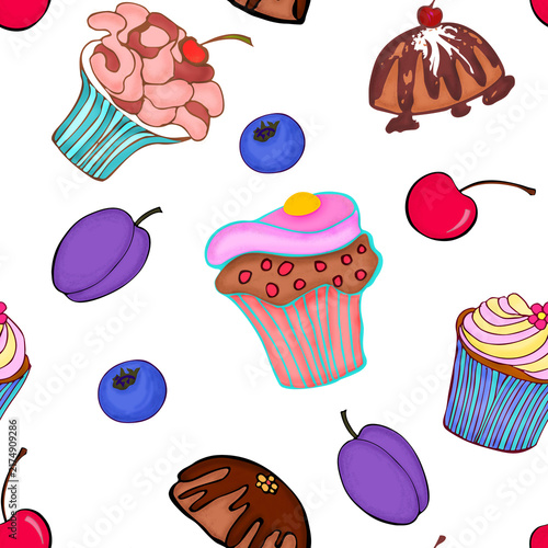 Cupcakes, Fruits and Berries on textured background