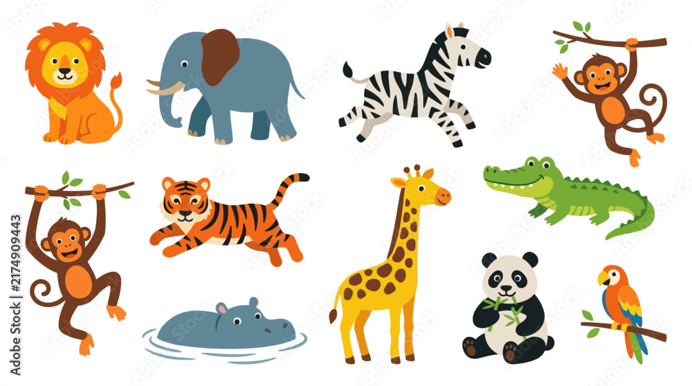 Fototapeta premium Collection of cute cartoon wild animals isolated on a white background.