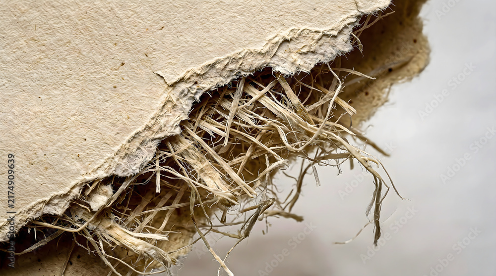 Obraz premium Torn paper reveals fibrous pulp structure showcasing the material s internal composition and texture cardboard fragment ripped rough beige