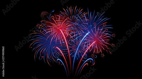 Colorful blue and red fireworks on black background.