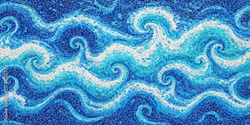 Blue mosaic tile pattern depicting stylized ocean waves with swirling foam ocean wave water pattern swirling sea abstract background decoration navigational wallpaper turquoise handmade