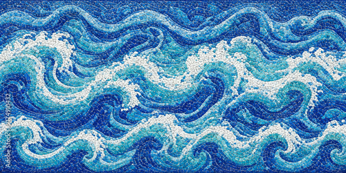 Mosaic art tile wall depicting blue ocean waves with white seafoam water waves marine art sea background ocean pattern movement seascape decoration ornament handmade colorful interior