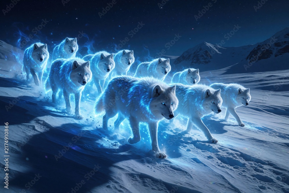 Naklejka premium Arctic wolves with blue energy glow run across snowy mountains at night. A mystical pack moves together in a cold, wild winter landscape under starry sky.