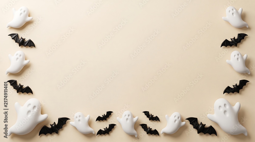Fototapeta premium Flat lay composition with cute white ghosts and black bats arranged as a decorative border on a beige background