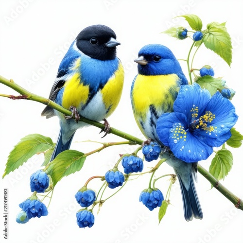 A beautiful blue tit with colorful yellow feathers and a blue wing sits on a budding spring branch among flowers, showcasing its beak and delicate avian features in a wild nature setting