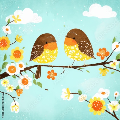Cute cartoon illustration of birds on a spring tree branch with floral nature pattern design and summer leaf art decoration