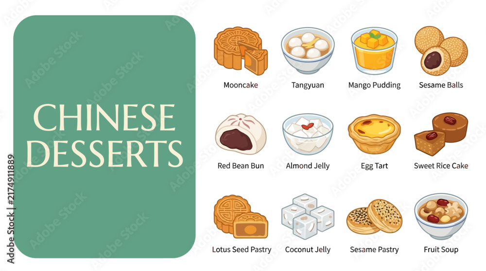 Fototapeta premium Collection of Traditional Chinese Dessert Icons Featuring Mooncakes, Egg Tarts, and Sweet Pastries for Menu Design
