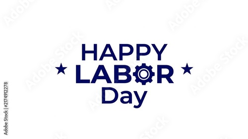 Happy Labor Day text title with gear icon and stars on white background