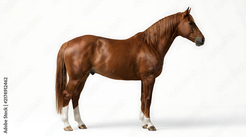 Obraz premium Brown horse standing in profile on white background.