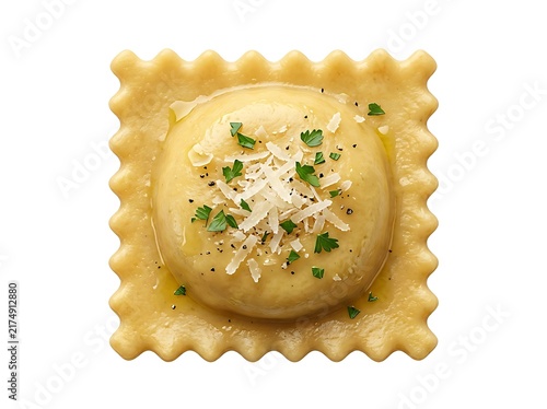 One fresh Italian ravioli pasta pocket on white background with parmesan cheese and herbs