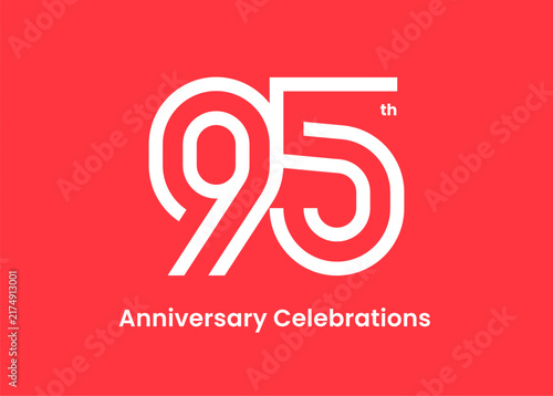 Logo design for the 95th anniversary on red background for the celebration event. Emblem with the number 95.