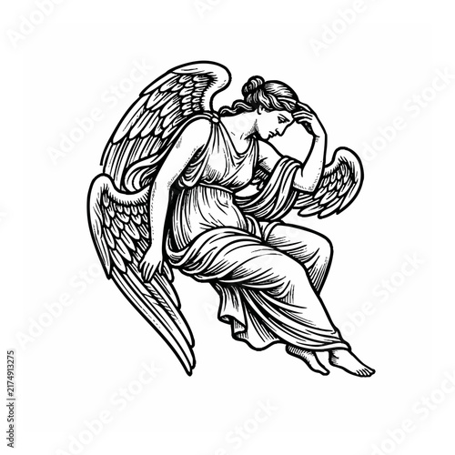 Black and White Winged Angel Illustration Drawing Sitting in Contemplation Isolated on White Background for Design Projects