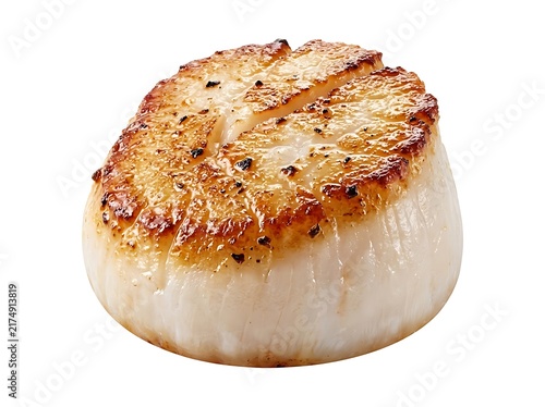 Pan-seared sea scallop with golden brown crust isolated on white background gourmet cooked shellfish seafood appetizer ingredient