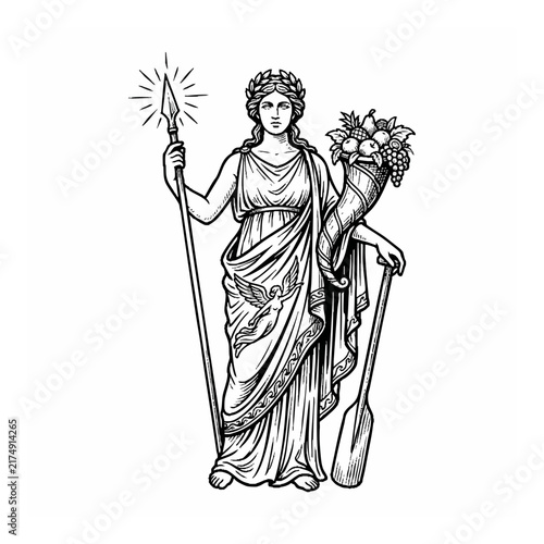 Vintage Greek Goddess Illustration Holding Spear and Cornucopia in Classical Style Line Art Design for Historical or Mythological Projects
