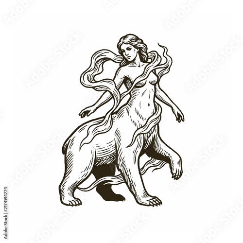 Vintage Engraving Style Mythical Creature Illustration Featuring a Woman and Bear Hybrid in Classic Woodcut Art Design