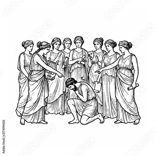 Ancient Greek Muses Surrounding Poet Illustration in Classical Mythology Art Style