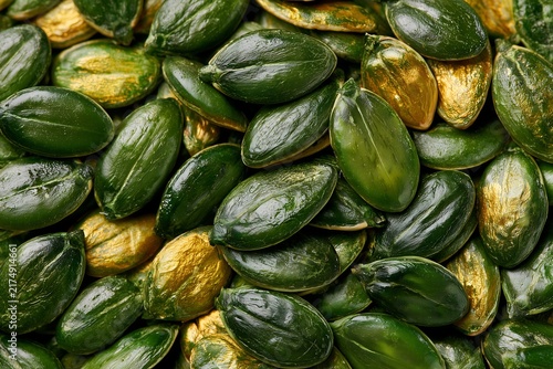 Dense background of raw green pumpkin seeds pumpkin pepitas texture
