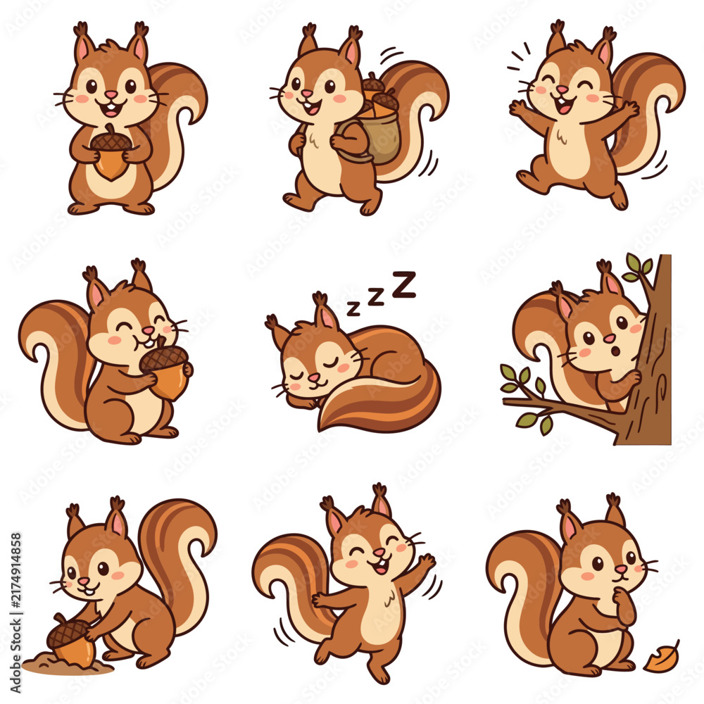 Obraz premium Cute cartoon squirrel character stickers set in different poses and emotional expressions