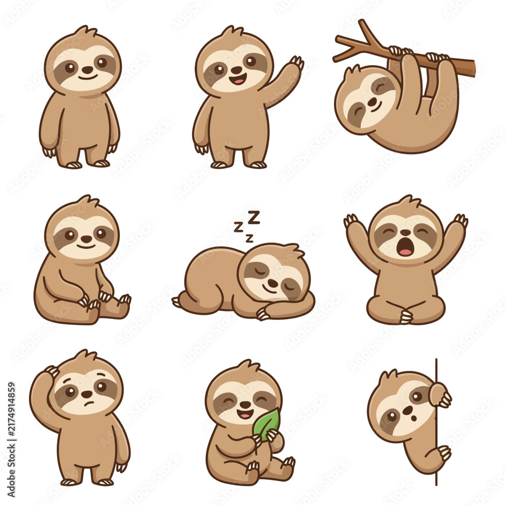 Naklejka premium Cute Cartoon Sloth Character Set in Various Poses and Expressions Isolated Vector Illustration