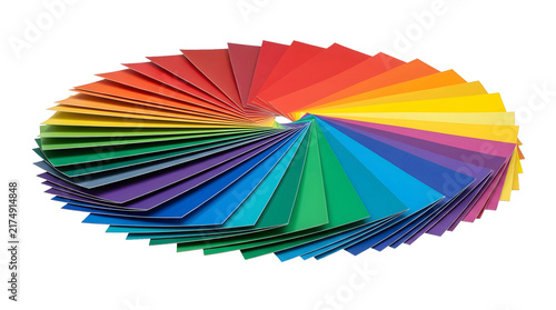 Fan array of colorful paper swatch cards floating in perspective for color matching and print design isolated on transparent background.