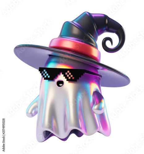 3D Glossy Halloween Spirit Character with Neon Wizard Hat