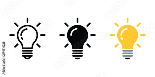 Light bulb with rays shine icon set featuring idea symbols for innovation, creative thinking, solutions, electricity, and inspiration