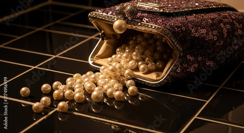 Elegant Clutch Filled with Pearls on a Glossy Surface