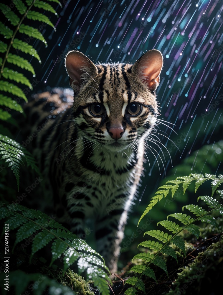 Naklejka premium Small wildcat with spotted fur walks through wet green ferns during a cosmic rainstorm. This mysterious feline navigates a dark jungle, its eyes alert in the magical downpour.