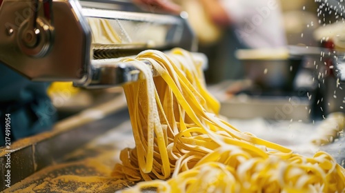 Fresh artisan pasta being processed through a metal machine in a professional kitchen setting with machine dusting flour golden pasta ribbons ribbons emerge carbohydrate preparation unprocessed