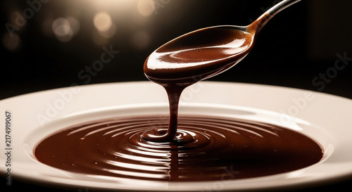 Chocolate syrup dripping from a spoon onto a white plate