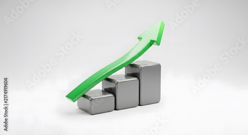 Green upward arrow graph rising over gray blocks representing growth