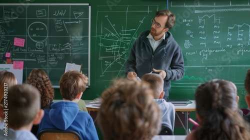 A male teacher stands in front of a green chalkboard explaining lessons to students with students listen attentively glasses leads classroom classroom lesson while professional intellectual youth