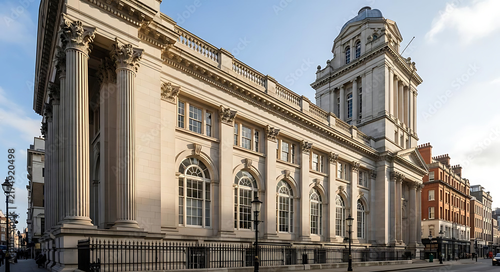 Fototapeta premium Classical stone building with columns and a tower on a city street in daylight
