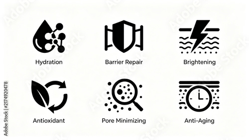 Black icon of beauty effect, water replenishing barrier repair, brightening, anti-oxidation, pore shrinking, anti-aging, applicable to skin care science popularization and product details page.
