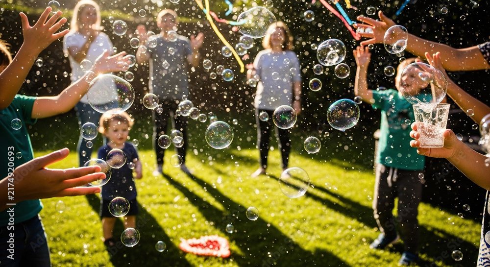 Fototapeta premium Children playing with soap bubbles in a park
