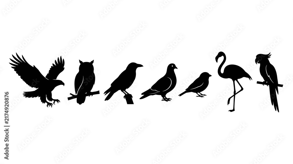 Fototapeta premium Bird Black Silhouette Collection – Eagle, Owl, Crow, Pigeon, Sparrow, Flamingo and Parrot Vector Set