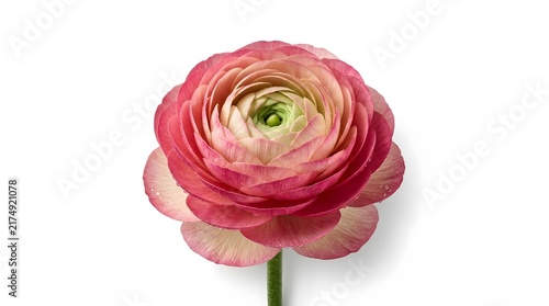 Close-up of a pink ranunculus flower with green center and stem