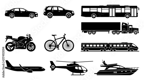 Transportation Black Silhouette Collection – Car, SUV, Bus, Truck, Motorcycle, Bicycle, Train, Airplane, Helicopter and Boat Vector Set