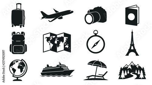 Travel and Tourism Black Silhouette Collection – Suitcase, Passport, Airplane, Camera, Backpack, Map, Compass, Landmark and Beach Umbrella Vector Set